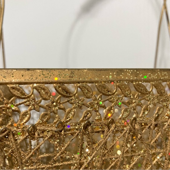 GOLD TONE Sparkly Glitter Wire Rectangle Basket w Handle 12 x 7.5 x6.5 inches - Picture 7 of 15